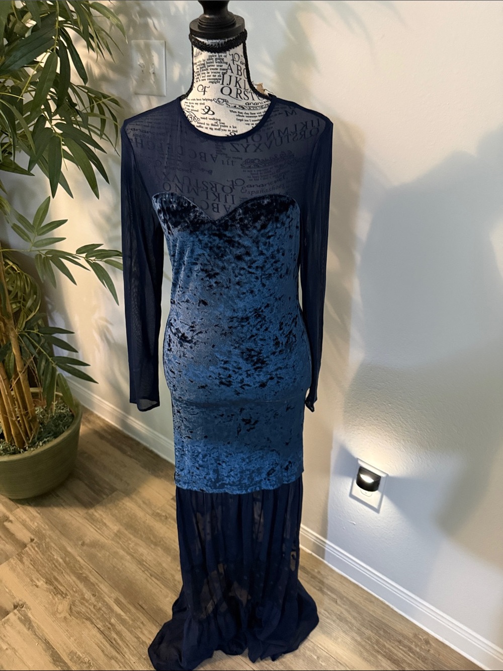 Navy Blue Velvet & Sheer Long Sleeve Evening Dress